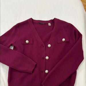 T Tahari Deep Red Cardigan with Pearl Buttons